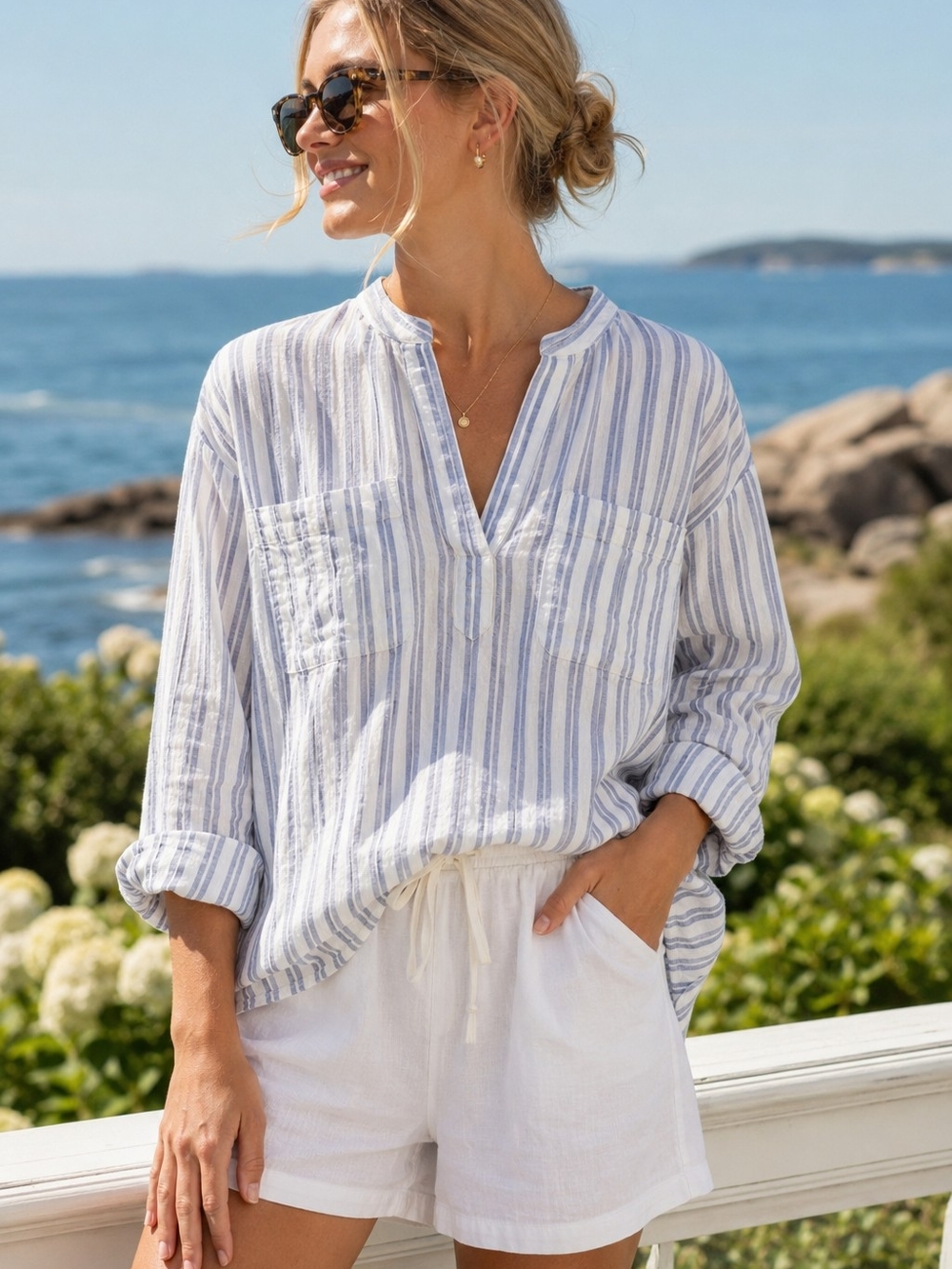 Madewell Linen Blend Striped Popover Top